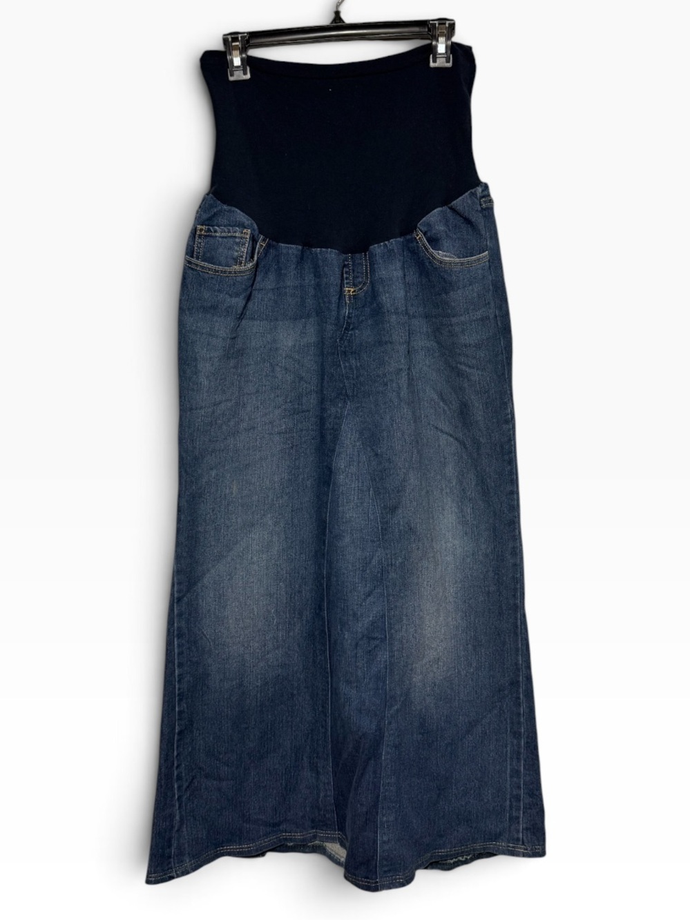 Indigo Blue Denim Jean Maternity Skirt Size Large Long Modest Maxi No Slit